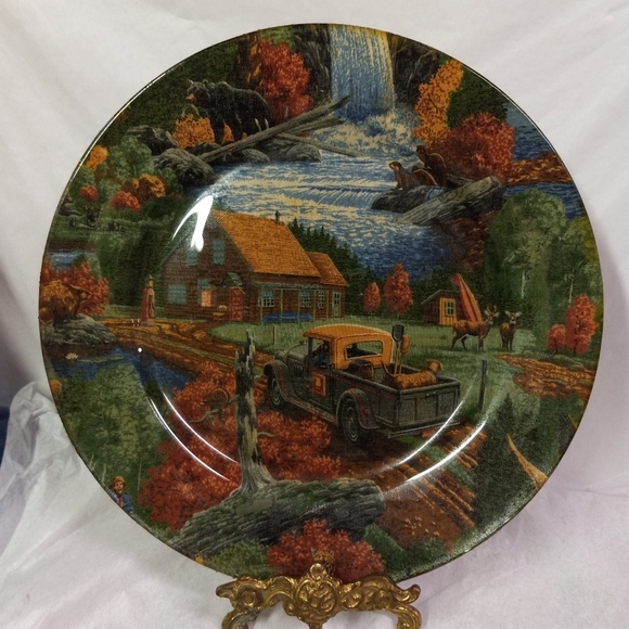 DECOUPAGE Glass Plate Country Scenery Deers, Dog,Cabin,Bear,Waterfall ,10" - Picture 1 of 5